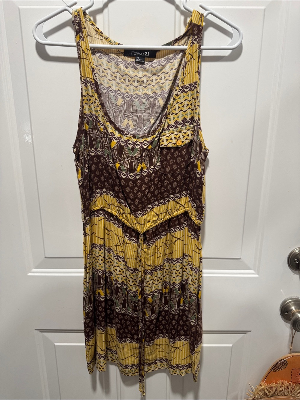 Forever 21 Yellow and Brown Printed Sleeveless Midi Dress